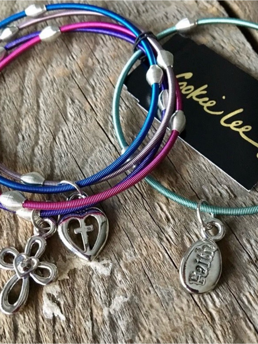 Cookie Lee Girls Blue, Teal, Purple and Pink Faith Charm Bracelet Set